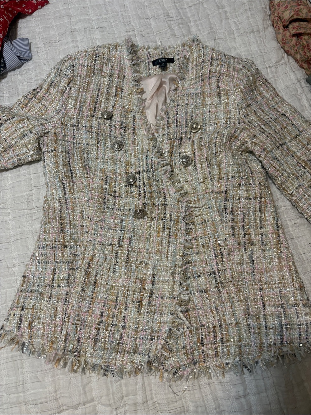 AQUA Metallic Tweed Double-Breasted Blazer – Size M – Like New – Retail $218